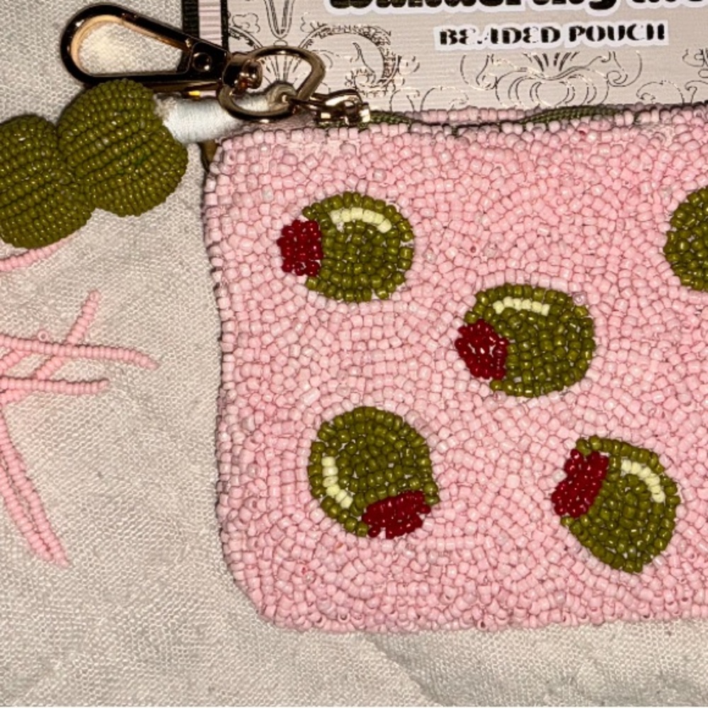 Pink Beaded Pouch with Olive Design